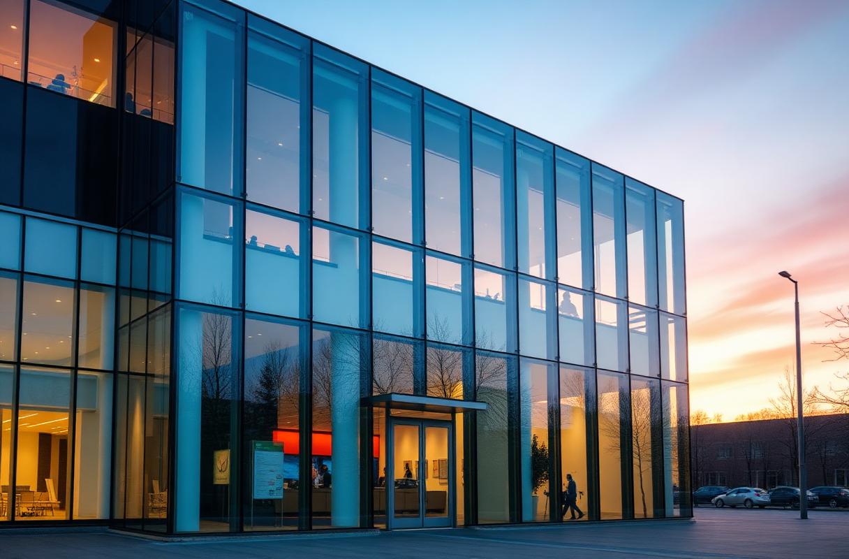Financial branch exterior at dusk