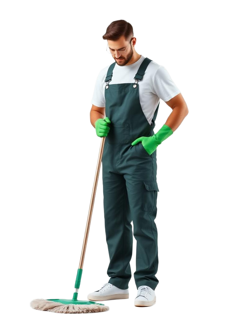 Professional cleaner in green overalls mopping the floor